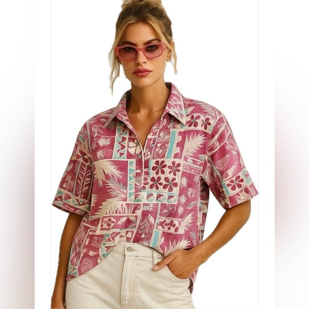 Cotton Tropical Boho Hawaiian Print Button Down Shirt | Floral Palm Island Style